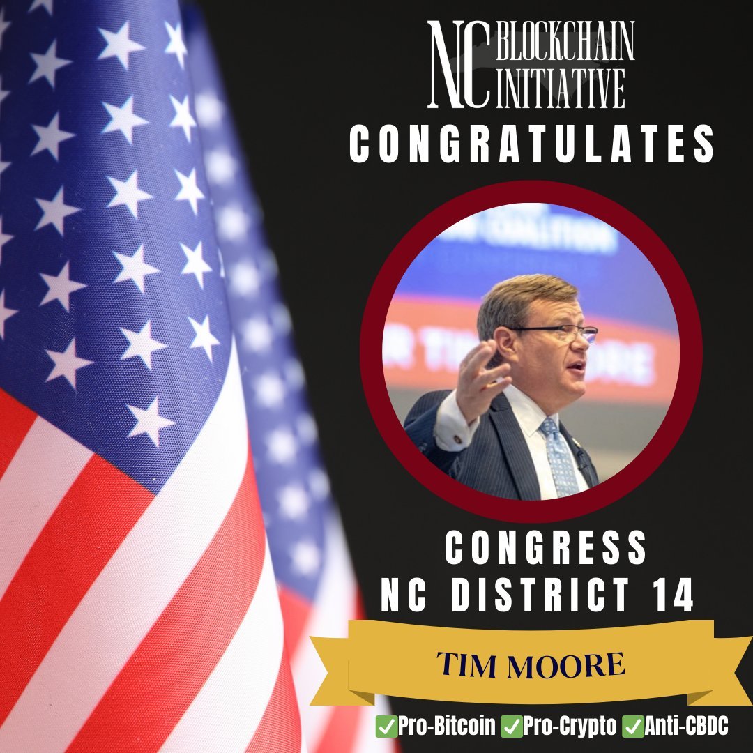 NC_Blockchain's tweet image. Victory for NC-14! We are pleased to see @RepTimMooreNC secure the nomination.

His seat on @FinancialCmte, combined with a strong record on #crypto + #stablecoin issues, makes him a vital leader in the fight for smart #digitalasset policy.

#NCPol #StandWithCrypto @PatRileyNC