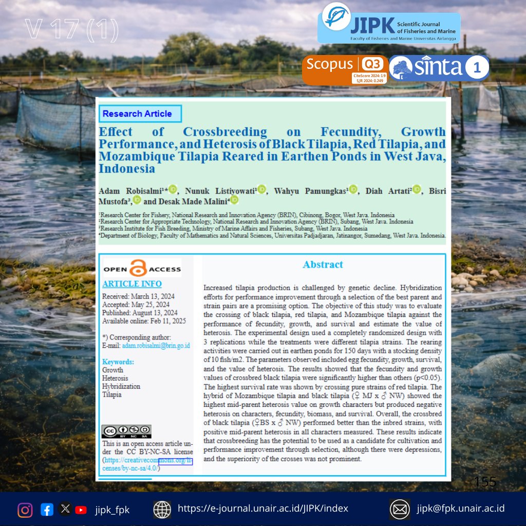 jipk19's tweet photo. 150 Days in Ponds: Testing Tilapia Hybrids for Better Farming"

Cite this as: Robisalmi, A., Listiyowati, N., Pamungkas, W., Artati, D., Mustofa, B., &amp; Made, D. M. (2025). Jurnal Ilmiah Perikanan dan Kelautan, 17(1):68–86. https://t.co/2abvbIV2kf https://t.co/nETpV3nWOn
