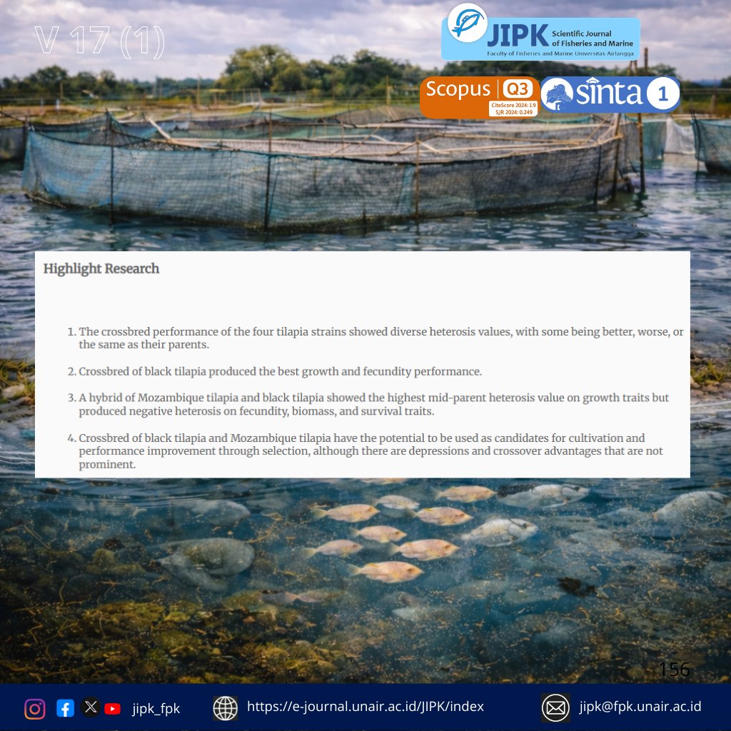jipk19's tweet photo. 150 Days in Ponds: Testing Tilapia Hybrids for Better Farming"

Cite this as: Robisalmi, A., Listiyowati, N., Pamungkas, W., Artati, D., Mustofa, B., &amp; Made, D. M. (2025). Jurnal Ilmiah Perikanan dan Kelautan, 17(1):68–86. https://t.co/2abvbIV2kf https://t.co/nETpV3nWOn