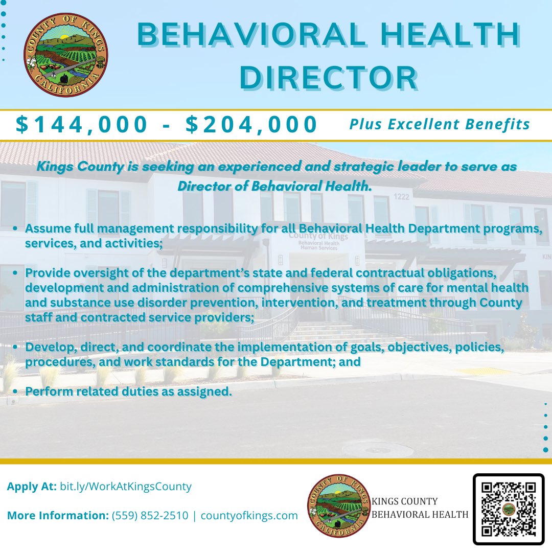 WE’RE HIRING: BEHAVIORAL HEALTH DIRECTOR

Kings County is seeking an experienced and strategic leader to serve as Director of Behavioral Health. This department head position is responsible for administering programs that support individuals and families facing mental health and