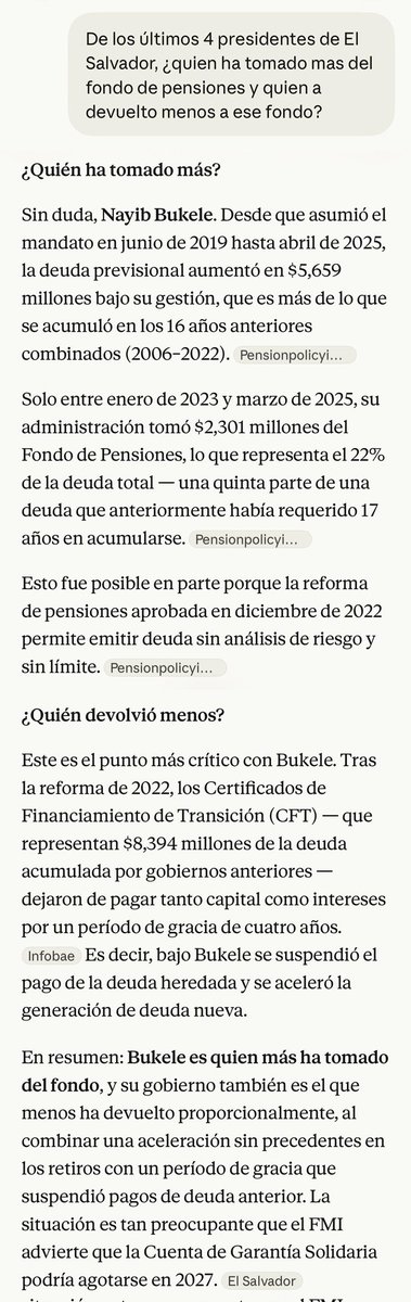 Torog0z's tweet photo. “De los últimos 4 presidentes de El Salvador, ¿quién ha tomado mas del fondo de pensiones y quién a devuelto menos a ese fondo?”

Misma pregunta a 4 IAs distintas
(Gemini, Grok, Claude y ChatGPT)

4 respuestas independientes.
Misma conclusión

A quien nada LE CUESTA, hace FIESTA