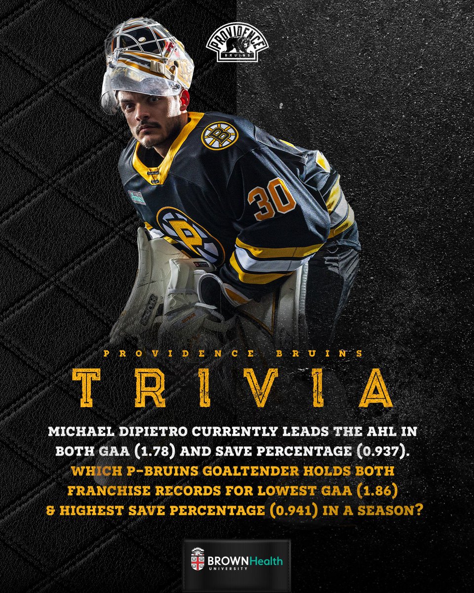 AHLBruins's tweet image. This weeks #TriviaTuesday x @BrownUnivHealth ⤵️
Michael DiPietro currently leads the AHL in both GAA (1.78) and Save Percentage (0.937). Which P-Bruins goaltender holds both franchise records for lowest GAA (1.86)  &amp;amp; Highest Save Percentage (0.941) in a season?

(A) Tim Thomas