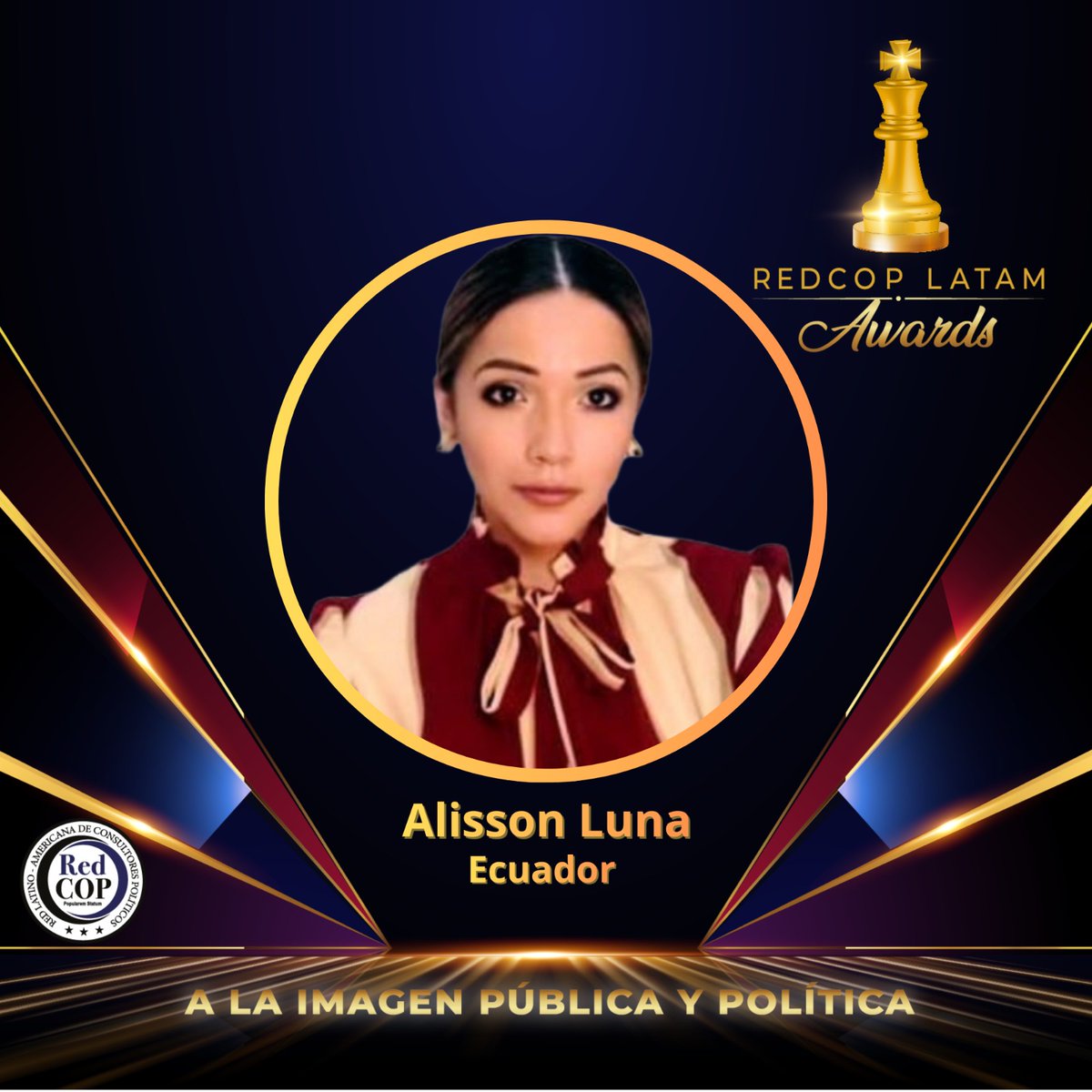 RedCopAwards's tweet photo. La consultora ecuatoriana Alisson Luna Fun-Sang es nominada en los #redcopawards2026 en las categorías: Mujer vocera del Año; Trayectoria en liderazgo publico Femenino; Trayectoria en Comunicación Social; Consultor emergente del año. #nominaciones #redcopawards https://t.co/1J9kf8nXuj