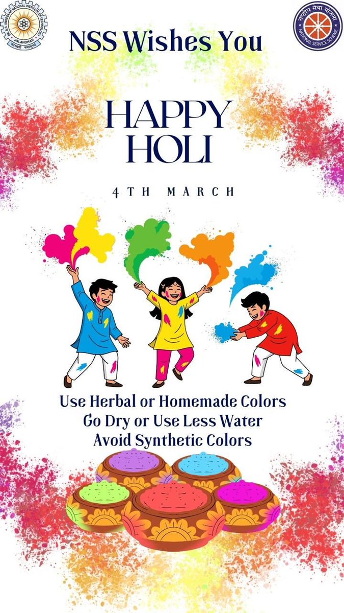 nssnitj's tweet photo. The NSS unit extends everyone a joyful and a safe Holi.
Holi celebrates unity, happiness, and the vibrant spirit of togetherness.
May the colors of this festival bring peace, hope, and new beginnings to all. 
#Holi2026 #HappyHoli #FestivalOfColors #NSS #UnityInDiversity https://t.co/4dlz1PFzCs