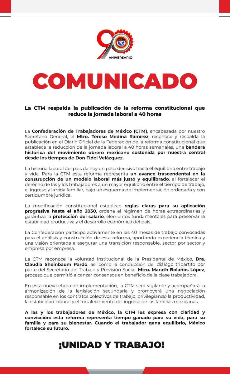 Publicada en el Diario Oficial de la Federación, la reforma para la reducción de la jornada laboral a 40 horas es una bandera histórica del movimiento obrero mexicano. La <a href="/CTM_MX/">CTM Nacional</a> respalda este avance para el bienestar de las y los trabajadores. 

Les compartimos el comunicado.👇
