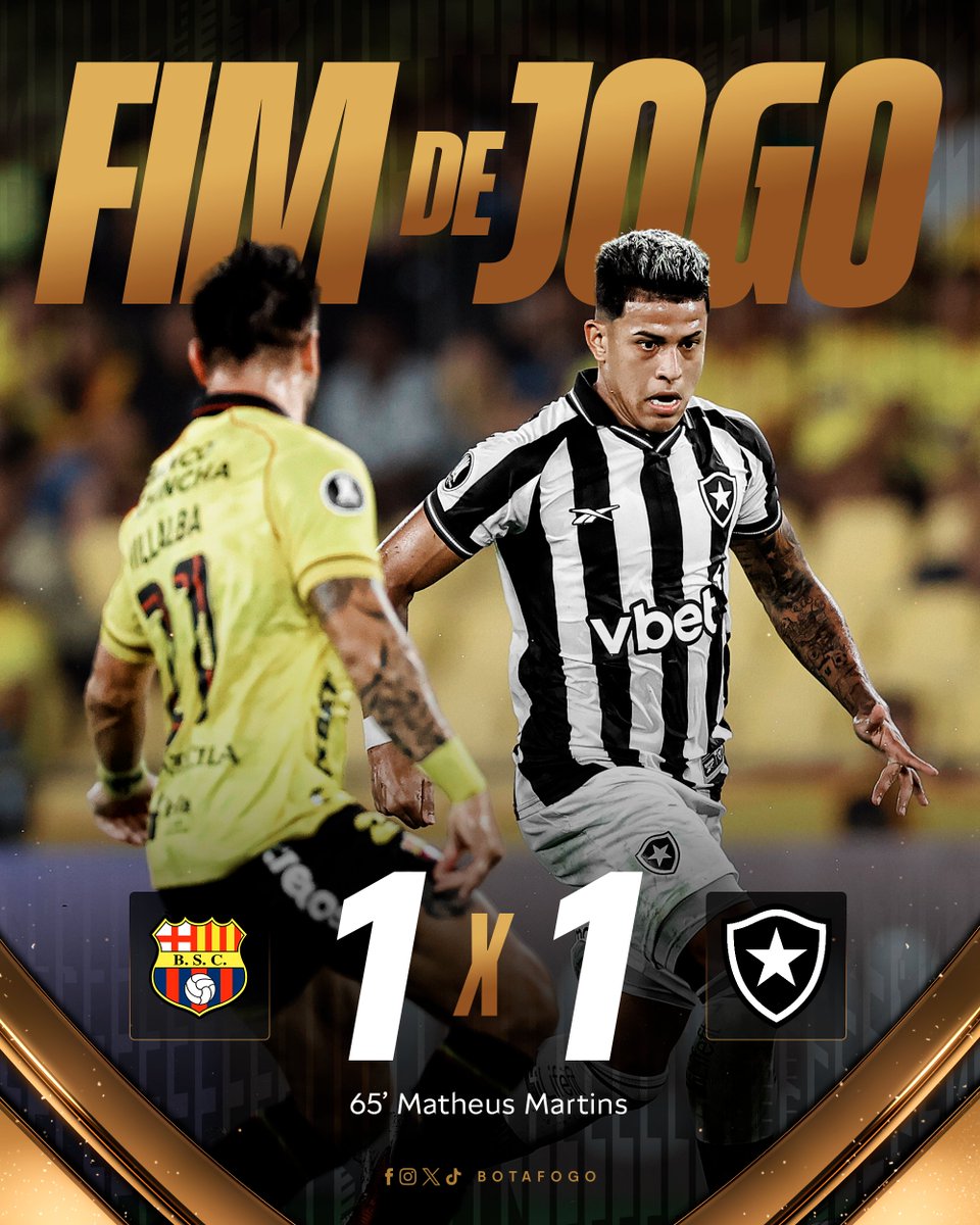 TUDO IGUAL NO PRIMEIRO JOGO! ⚽

Com gol de Matheus Martins, Fogão empata no Equador contra o Barcelona de Guayaquil. ⚔️🔥 #VamosBOTAFOGO 

A BATALHA DECISIVA PELA VAGA ACONTECE NA PRÓXIMA TERÇA! Acesse botafogo.com.br/ingresso e garanta o seu lugar na casa alvinegra! 🏟️
