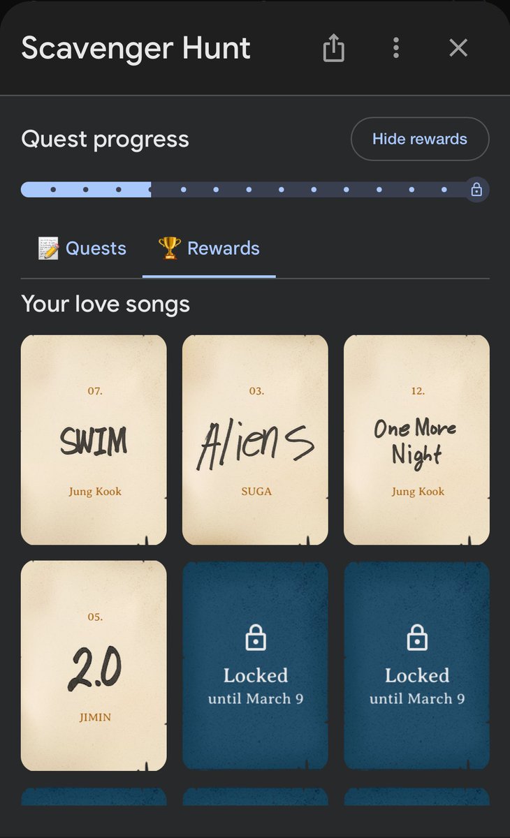 head over to google and search bts. they created a whole scavenger hunt — answer questions and unlock rewards which are tracks from arirang. there are 14 rewards total and it runs until march 16 😭