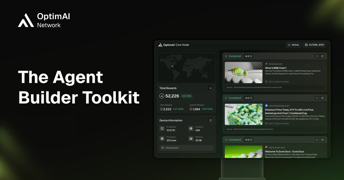 OptimaiNetwork's tweet photo. AI adoption is accelerating, but infrastructure still lags.
According to the 2025 GitHub Developer Survey, 64% of blockchain developers report integrating AI.

To support rapid expansion of agentic systems, OptimAI is providing a complete developer toolkit:

• OptimAI SDK for custom data pipelines, task schemas, and domain-specific agents
• CLI Node Runtime for infrastructure orchestration and automation
• Manifest & Merkle Schemas to make every contribution verifiable and auditable

This enables builders to create, test, and scale autonomous systems on a programmable, verifiable foundation.