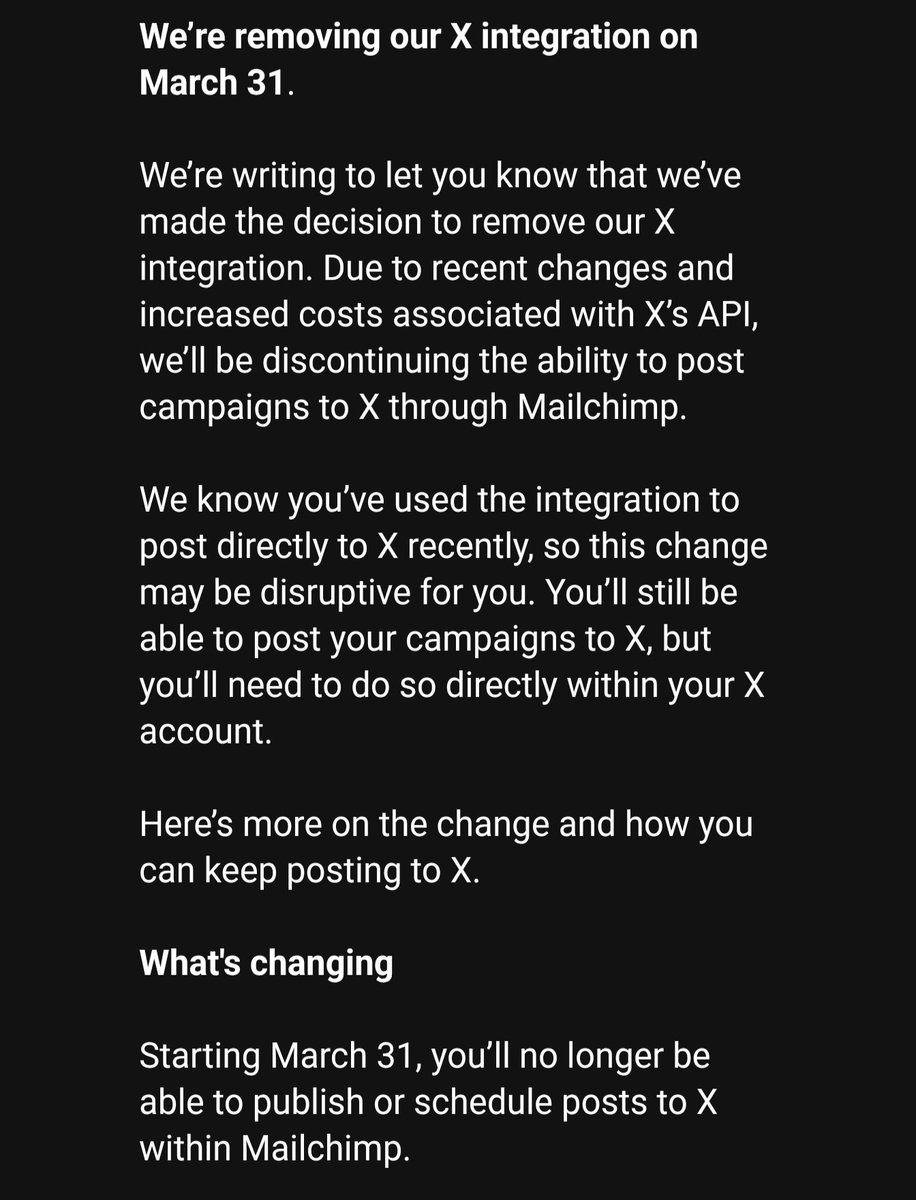 CASKJT's tweet photo. Mailchimp integration with X will be removed at the end of the month. https://t.co/T5JkzepVbE