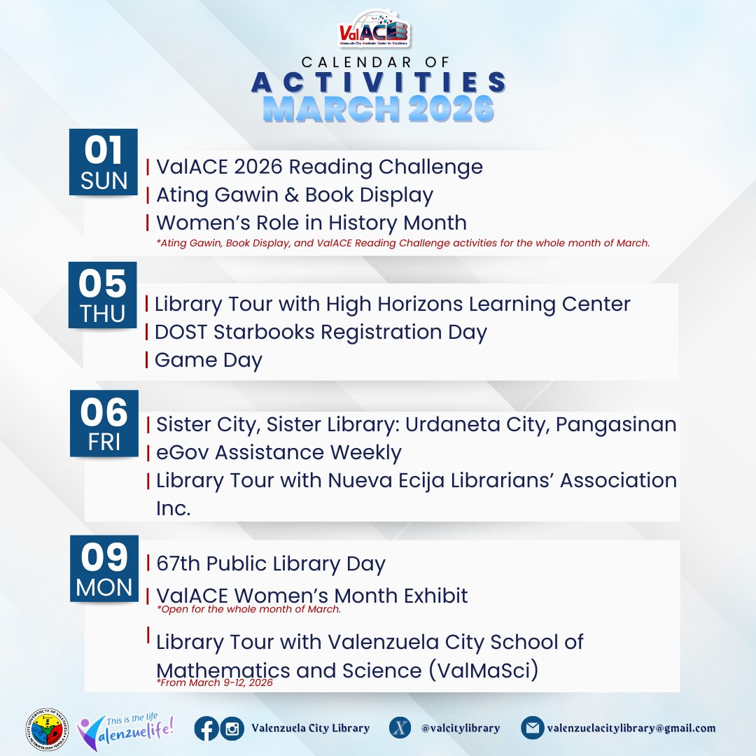 valenzuelacity's tweet photo. Here are the activities to look forward to this March at the Valenzuela City Library.

See you, #PamilyangValenzuelanos!

#Valenzuela #ValenzuelaNews #ValenzuelaCityLibrary #ValACE https://t.co/BLU59rhGfi