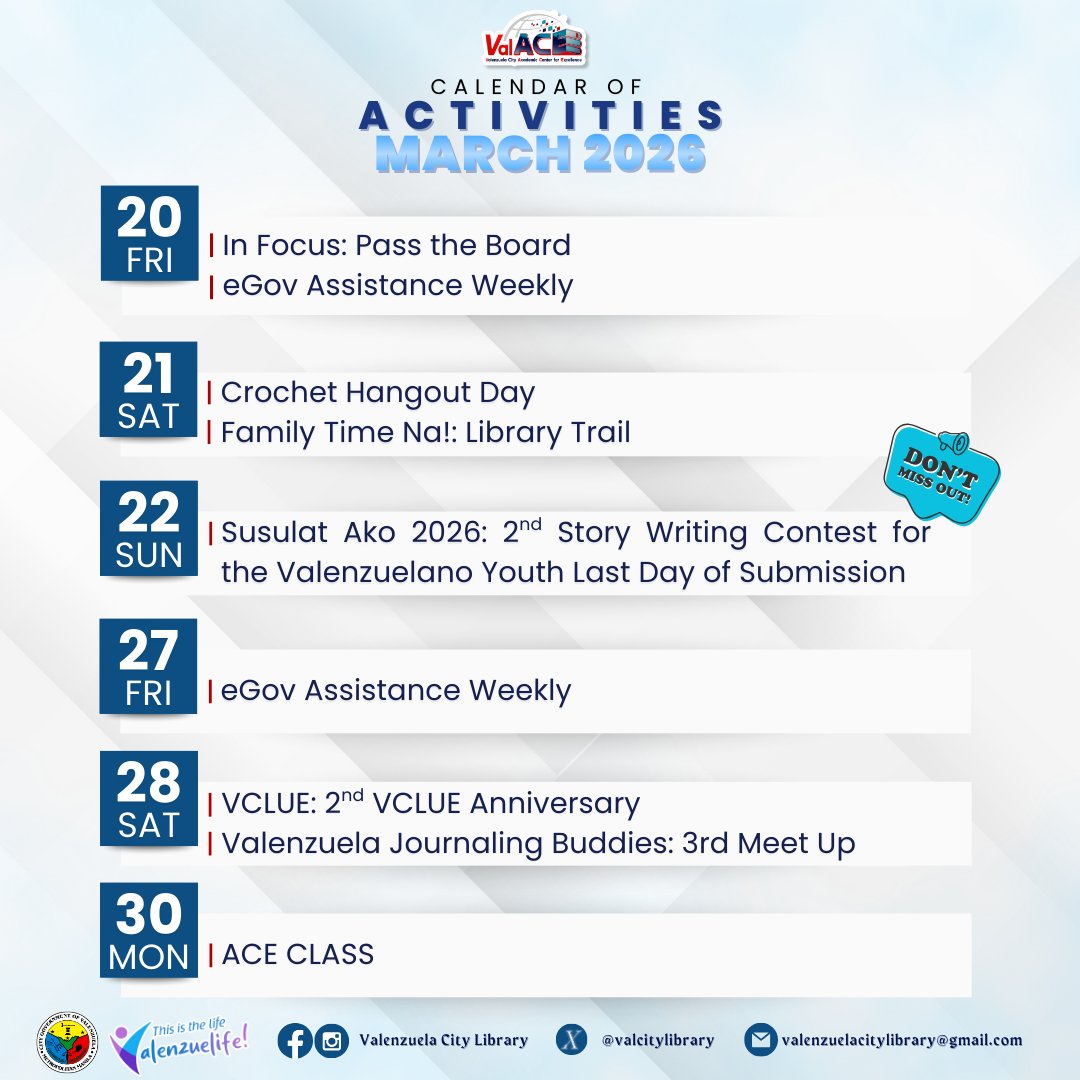 valenzuelacity's tweet photo. Here are the activities to look forward to this March at the Valenzuela City Library.

See you, #PamilyangValenzuelanos!

#Valenzuela #ValenzuelaNews #ValenzuelaCityLibrary #ValACE https://t.co/BLU59rhGfi
