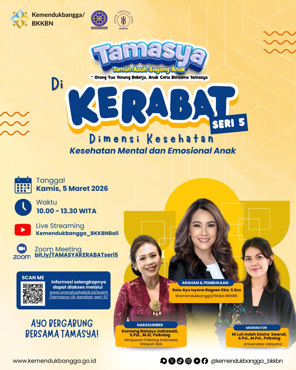 Halo, Sobat Kemendukbangga/BKKBN 👋🏻

Yuk ramaikan TAMASYA di Kelas Orang Tua Hebat (KERABAT) Seri 5 Tahun 2026!

Kali ini kita bahas Dimensi Kesehatan dengan tema: "Kesehatan Mental dan Emosional Anak”. Karena tumbuh kembang anak bukan hanya soal fisik,