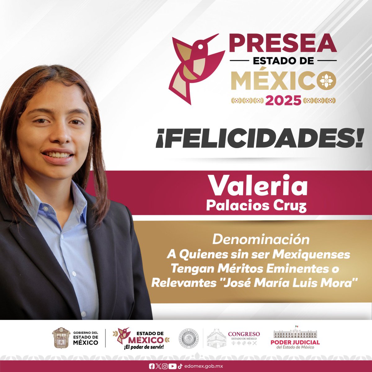 delfinagomeza's tweet photo. #PreseaEdoMex2025 | En la categoría  “A Quienes sin ser Mexiquenses Tengan Méritos Eminentes o Relevantes”, reconocimos a Valeria Palacios, por el desarrollo de soluciones tecnológicas con IA para el monitoreo ambiental; así como a @PepeCardozo249, por sus méritos deportivos como el máximo goleador histórico del @TolucaFC.
¡Muchas felicidades!
#ElPoderDeServir