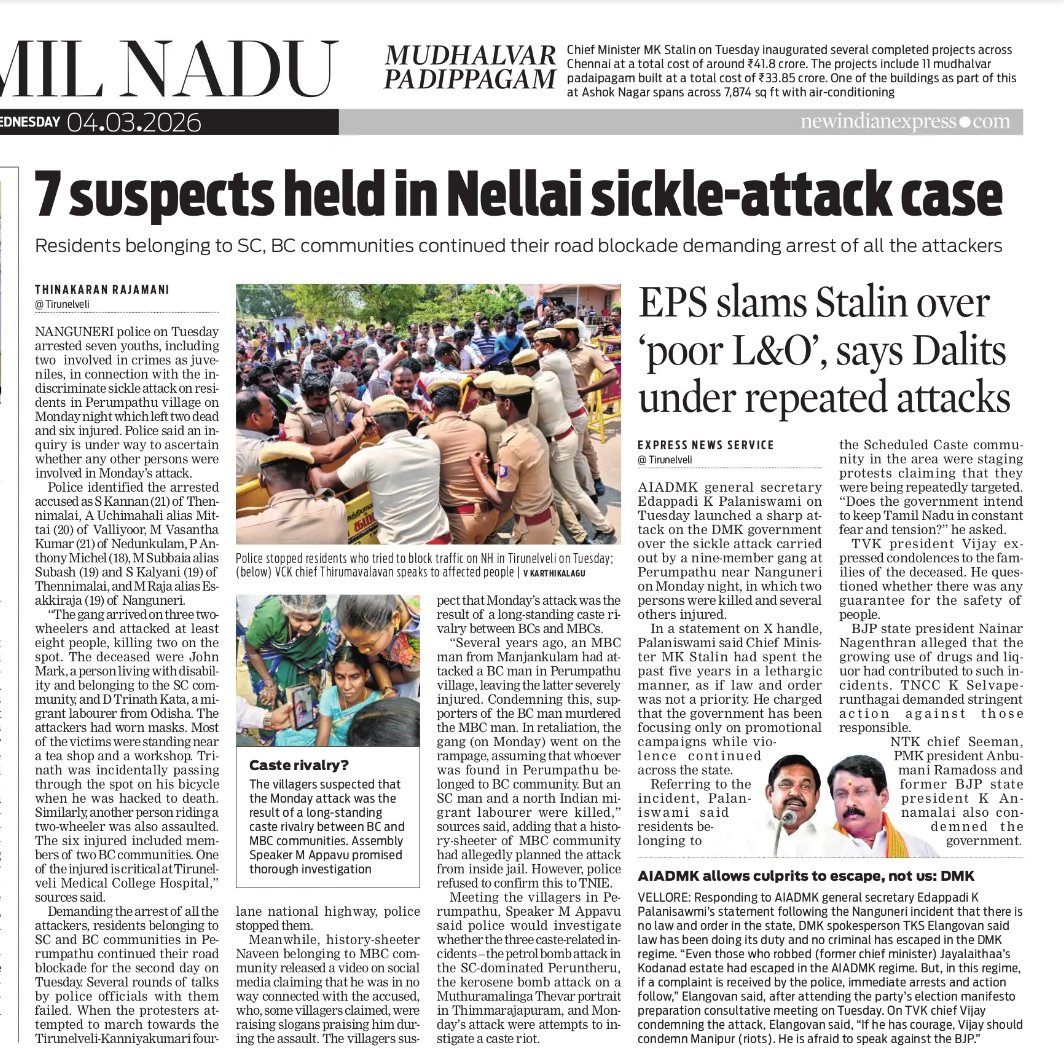 thinak_'s tweet photo. Seven accused, aged 18 to 21, were arrested in the Nanguneri Perumpathu sickle attack case.

Villagers suspect that a long-standing caste rivalry may have led to the violence, while politicians have attributed the murderous attack to drug use.

Police tight-lipped on cause https://t.co/ycq9e1ykq5