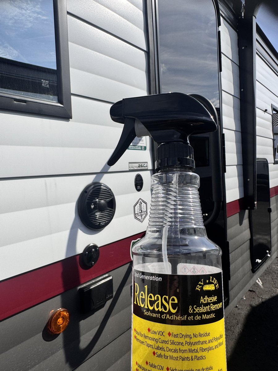 RVbyLIFE's tweet photo. Don’t fight sticker adhesive removal — Release it! 🌟 Our Release Adhesive and Sealant Remover makes it easy! Simply spray, scrape, and go! https://t.co/TT6RcPKqBW