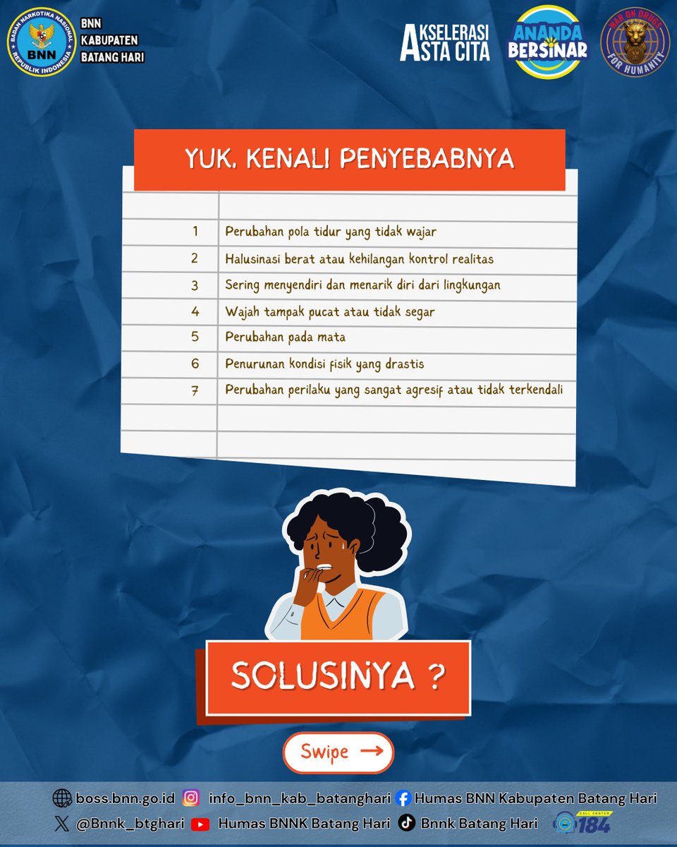 Bnnk_btghari's tweet image. Jika melihat tanda-tanda tersebut, jangan langsung menghakimi. Ajak bicara dengan baik, berikan dukungan, dan cari bantuan yang tepat. Pencegahan dan kepedulian bersama sangat penting untuk melindungi masa depan generasi bangsa.

#AnandaBersinar
#Generasi sehat
#BNNKBatangHari