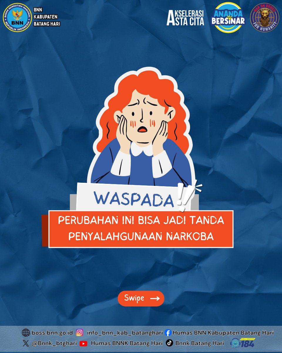 Bnnk_btghari's tweet image. Jika melihat tanda-tanda tersebut, jangan langsung menghakimi. Ajak bicara dengan baik, berikan dukungan, dan cari bantuan yang tepat. Pencegahan dan kepedulian bersama sangat penting untuk melindungi masa depan generasi bangsa.

#AnandaBersinar
#Generasi sehat
#BNNKBatangHari