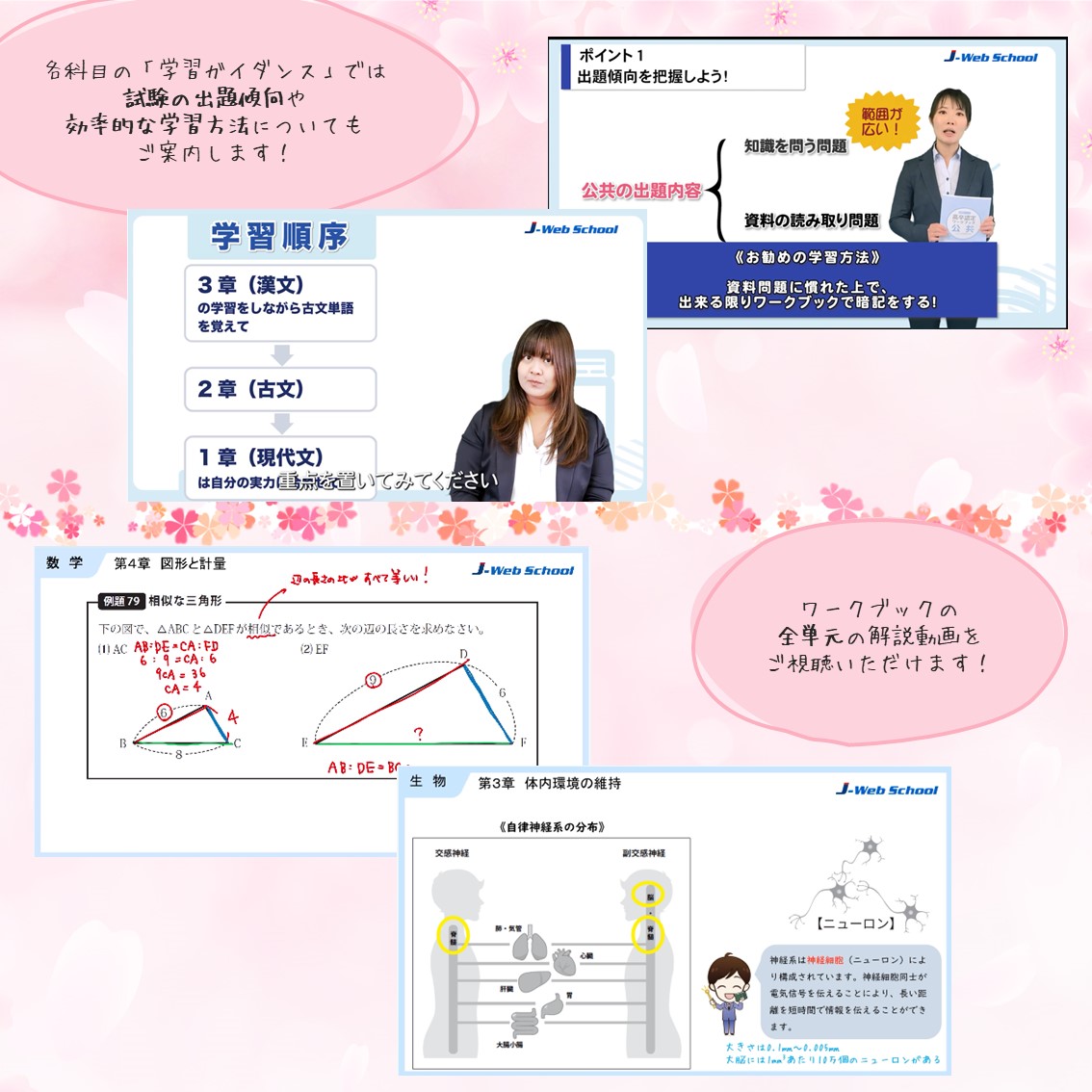J-WebSchoolでは「参考書は買ったけど読んでもわからない…」であきらめてしまわないよう、ワークブックの全単元の解説動画を作成しています。
例えば歴史などは「この単元のコレは、前にやったあの単元とつながっているのか！」というようなことがすっきりわかるのは動画講義ならではです。