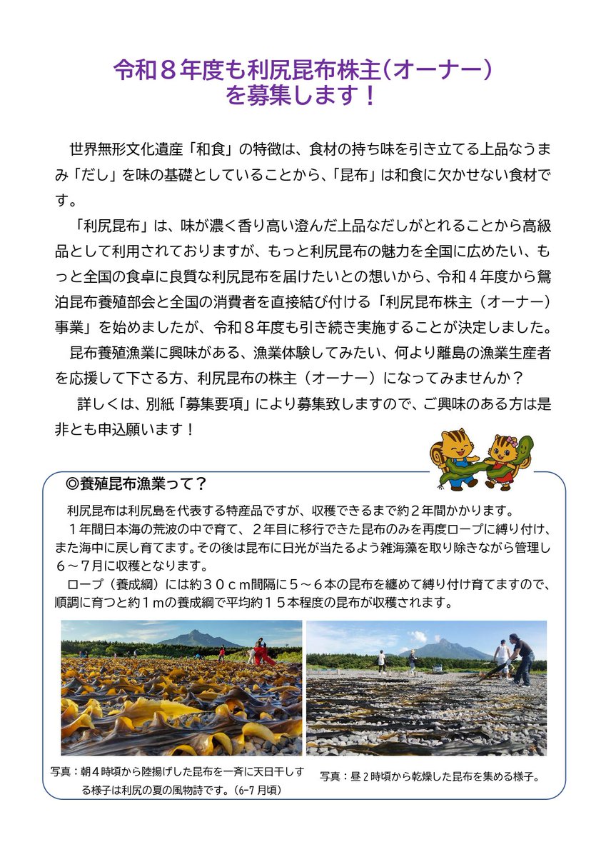 rishiri_ma's tweet photo. 【拡散希望】
利尻旅行で昆布干し体験+大量の昆布が届く、昆布株主事業の募集が始まりました！
株主になっていただいた方には大量の昆布(長さ2m程度×15本)+昆布干し体験+月1メルマガ、と特典盛り盛り！
去年昆布の値段が高騰しましたが1株2万は今年も据置きでさらにお得になりました！
個人の方も飲食店の方も、体験には行けないけど昆布は欲しいという方もぜひご応募ください！
お問い合わせ、質問は役場水産港政係(0163-82-1350)またはこのアカウントへのDMで！
※応募はメールでお願いします🙇🏻
