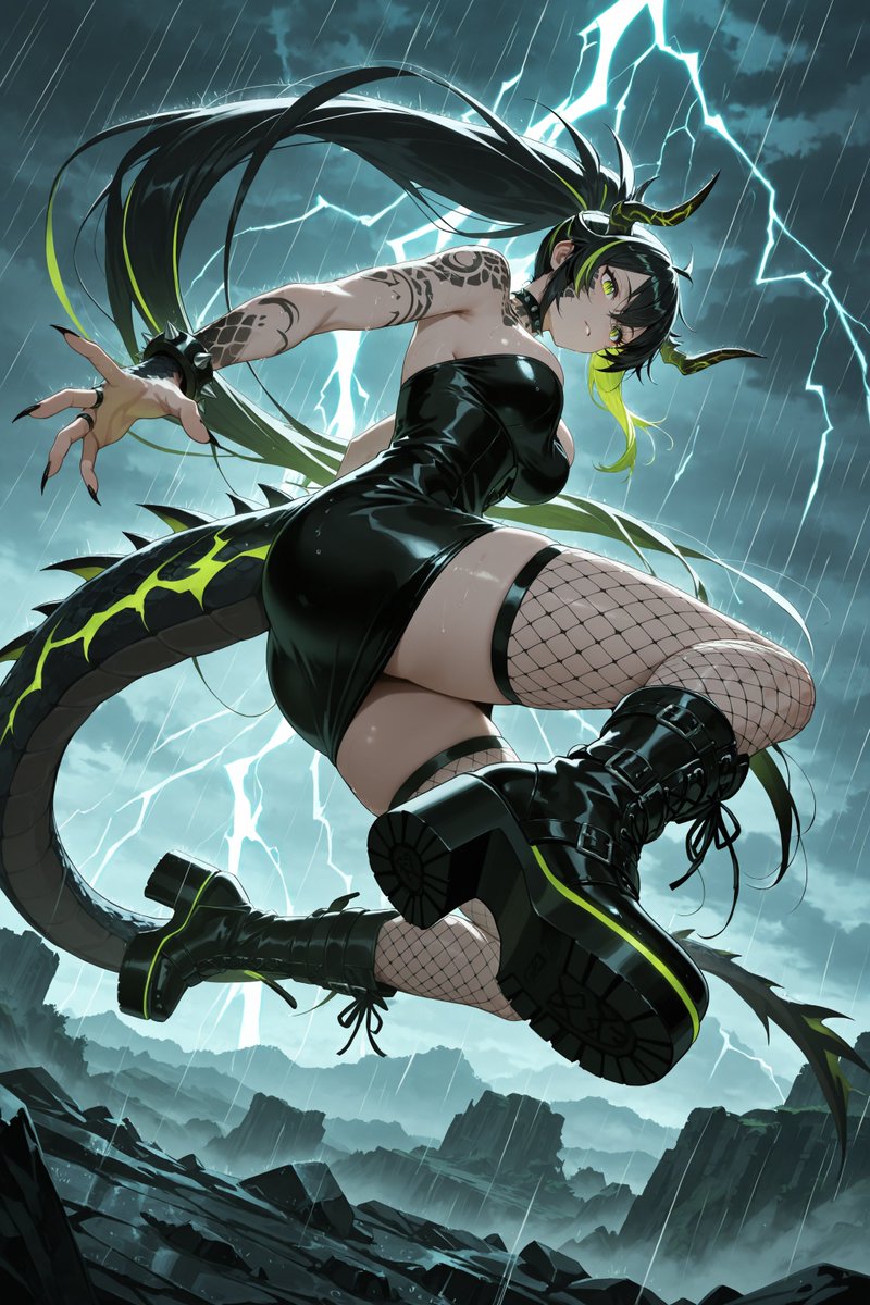 aksole83's tweet photo. Rain can’t touch her power.  
Tail coils like a noose, boots grind rock to dust.  

Bow.  
Or be broken. 🐉⚡

(NSFW)

#DragonGirl #NSFW #R18 #Femdom #AIAnime #AIArt #PowerFantasy https://t.co/TDLVdua7bI