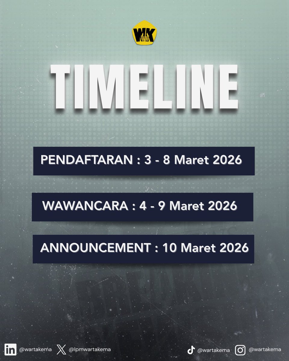 lpmwartakema's tweet photo. [REKRUTMEN TERBUKA STAFF WARTA
KEMA 2026]

Halo, Sobat Warta!

Pendaftaran Staff Warta Kema 2026 telah dibuka‼️

Bagi kamu yang tertarik menjadi bagian dari Warta Kema 2026, ini kesempatan emas bagi kamu untuk mengembangkan potensi dan meluaskan pengalaman di Warta Kema 2026! https://t.co/5MyLL07szc