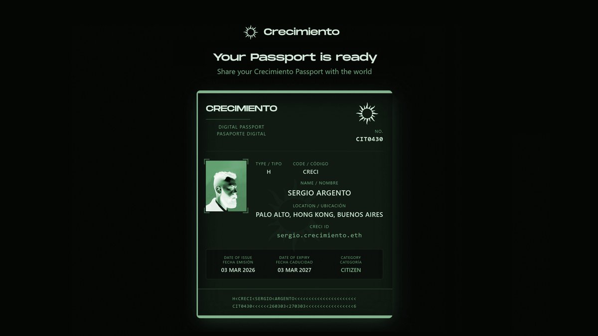 ar9ento's tweet photo. Proud moment: I’ve just become a Crecimiento Citizen 🇦🇷🧬
(and yes, I now have a real digital passport on blockchain).

The good news: you can also apply here → https://t.co/YFVRWzgS1a

What I love about Crecimiento Argentina is that it’s not “another community.” It’s a coordination layer for builders, operators, investors, and institutions who want Argentina (and LatAm) to win in the next chapter of the internet - pragmatically, at scale, and with long-term ambition.

You could feel that momentum last November in Buenos Aires during Devconnect: the city turned into a living lab of meetups, builders shipping in real time, and global networks colliding with local talent. Crecimiento is taking that energy and turning it into something durable: adoption, ecosystem growth, and the kind of regulatory clarity that lets founders build for decades, not quarters.

Argentina has always exported talent. Now we’re getting better at retaining it, compounding it, and attracting the world back in.

Excited to contribute as a citizen: connecting Buenos Aires ↔ Hong Kong ↔ Palo Alto, and plugging more founders and partners into this movement.

🟢 Let’s build and Bring Argentina Onchain!

@crecimientoar  #Ethereum #Crecimiento #Argentina #LATAM #Web3 #Blockchain #Ethereum #Devconnect #BuenosAires #Startups #VentureCapital #EcosystemBuilding #Onchain #Innovation