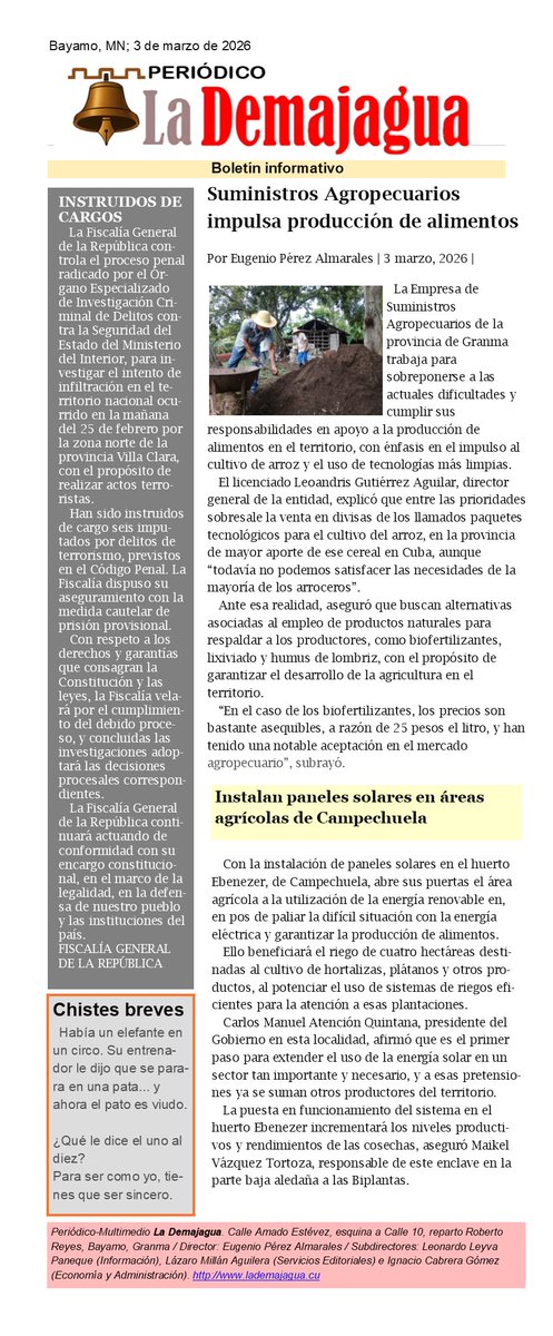 Boletín informativo del periódico <a href="/lademajagua/">La Demajagua</a> #Bayamo #ProvinciaGranma #Cuba <a href="/DiazCanelB/">Miguel Díaz-Canel Bermúdez</a> <a href="/YudelkisOrtizB/">Yudelkis Ortiz Barceló</a> <a href="/YanetsyTerry/">Yanetsy Terry Gutiérrez</a> <a href="/BoliviaTamara/">Bolivia Tamara Cruz Martinez</a> <a href="/BoliviaenCuba/">Bolivia Tamara Cruz</a> <a href="/BorgesOlivero/">Carlos Borges Oliveros</a>