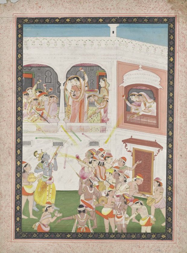 निर्गच्छ फाल्गुनमिषेण विहाय मानं
दातव्यमद्य च यशः किल होलिकायै ।
कर्तव्यमाशु निजमन्दिररङ्गवारि-
पाटीरपंकमकरन्दचयं च तूर्णम् ॥
- गर्गसंहिता, ४.१२.११

In Phalguna, give up your ego, and celebrate the glorious Holi festival, with water mixed with red dye, sandal paste and flower