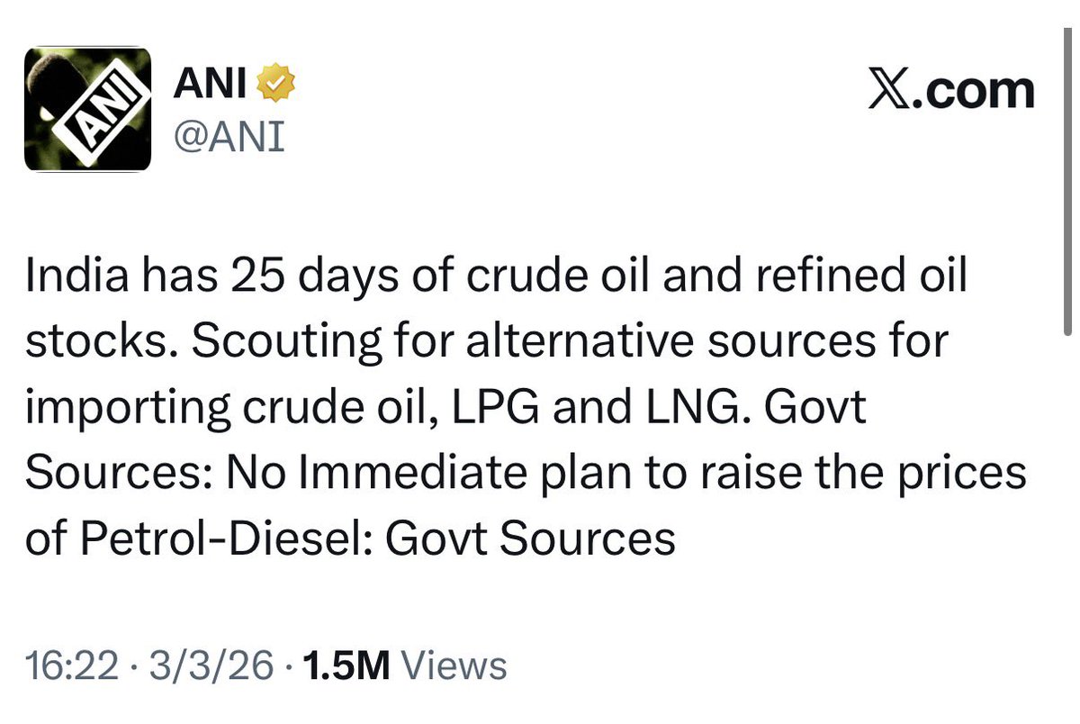 This is SCARY! 

Last month, Petroleum Minister Hardeep Puri told Parliament that “India has 74 days of strategic oil reserves”. 

And now, with the Iran conflict escalating, Modi Govt’s news service ANI says “India has 25 days of oil reserves”. 

How did 74 days become 25 days