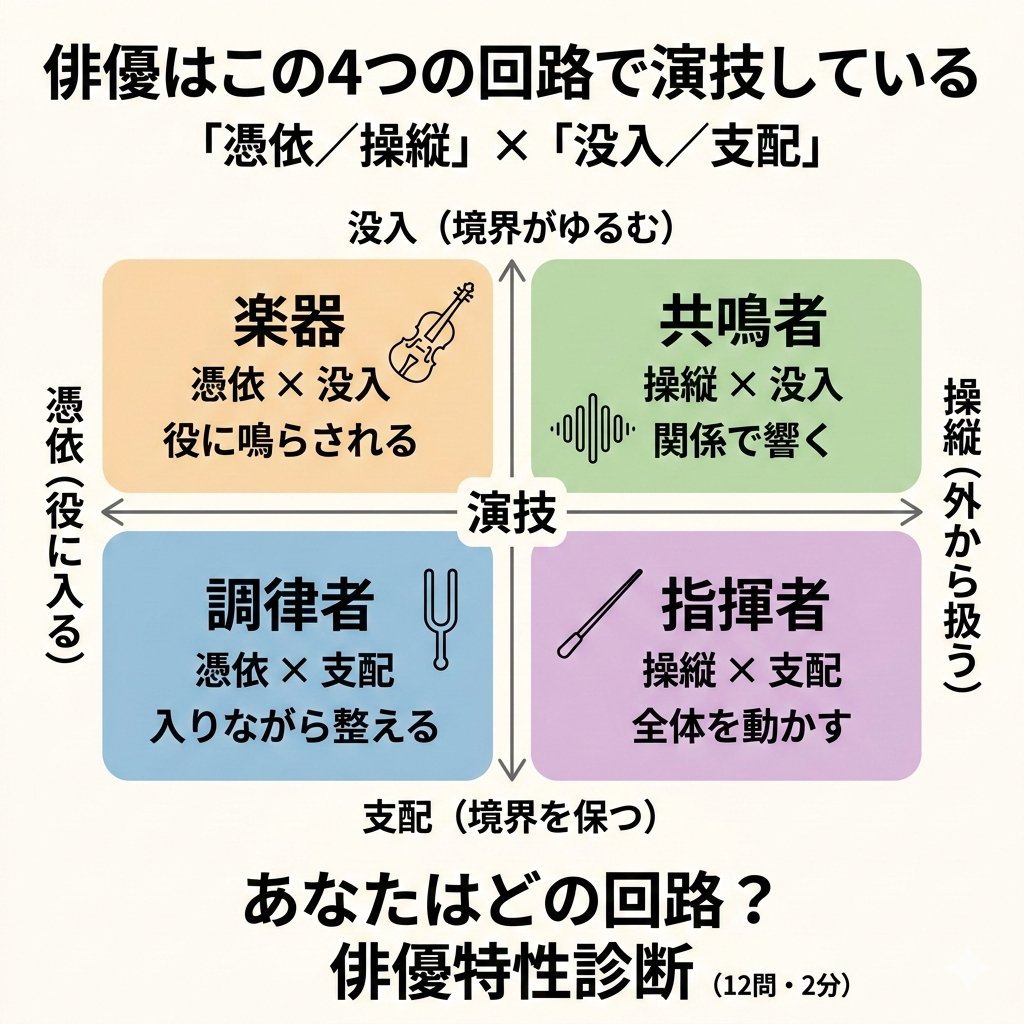 俳優特性診断を作りました。（12問・約2分）

俳優の演技は
「憑依／操縦」×「没入／支配」の
4つの回路で整理できます。

・楽器タイプ -役に鳴らされる
・調律者タイプ-入りながら整える
・共鳴者タイプ-関係で響く
・指揮者タイプ-全体を動かす

正解はありません。