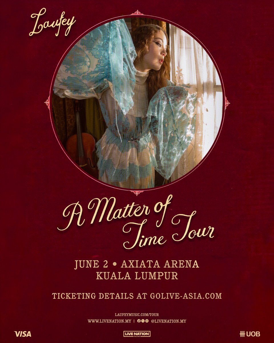 livenationmy's tweet photo. Malaysia, your favorite 𝗟𝗼𝘃𝗲𝗿 𝗚𝗶𝗿𝗹 is back 💌 Prepare yourself for a magical and enchanting night with Laufey this June! ✨🎻

𝗟𝗮𝘂𝗳𝗲𝘆: 𝗔 𝗠𝗮𝘁𝘁𝗲𝗿 𝗼𝗳 𝗧𝗶𝗺𝗲 𝗧𝗼𝘂𝗿 𝗶𝗻 𝗞𝘂𝗮𝗹𝗮 𝗟𝘂𝗺𝗽𝘂𝗿
📅 2 June 2026 (TUES), 8PM
📍Axiata Arena
🎫: https://t.co/uJRDeSoV1x⁠ / GoLive Ticketing App⁠ ⁠

🎫 𝐔𝐎𝐁 𝐑𝐞𝐬𝐞𝐫𝐯𝐞 𝐚𝐧𝐝 𝐕𝐢𝐬𝐚 𝐈𝐧𝐟𝐢𝐧𝐢𝐭𝐞 𝐂𝐚𝐫𝐝𝐬 𝐏𝐫𝐞𝐬𝐚𝐥𝐞: Mon, 9 March, 10am - 4pm⁠

🎫 𝐔𝐎𝐁 𝐕𝐢𝐬𝐚 𝐂𝐚𝐫𝐝𝐬 𝐏𝐫𝐞𝐬𝐚𝐥𝐞: Mon, 9 March, 6pm - Tues, 10 March, 10am⁠

🎟 𝐋𝐢𝐯𝐞 𝐍𝐚𝐭𝐢𝐨𝐧 𝐏𝐫𝐞𝐬𝐚𝐥𝐞: Tues, 10 March, 11am - 11:59pm⁠
Register for a FREE membership via https://t.co/sKqZUmToHV to access the presale!⁠
⁠⁠
🎫 𝐆𝐞𝐧𝐞𝐫𝐚𝐥 𝐎𝐧-𝐒𝐚𝐥𝐞: Wednesday, 11 March, 11am onwards⁠

* Waiting room for the queue will start 30 minutes before all Presale & General On-Sale

For more updates on Laufey sign-up at https://t.co/rna43SQVlj

#AMatterOfTimeTour #LaufeyinKL
#KualaLumpur #LiveNationMY