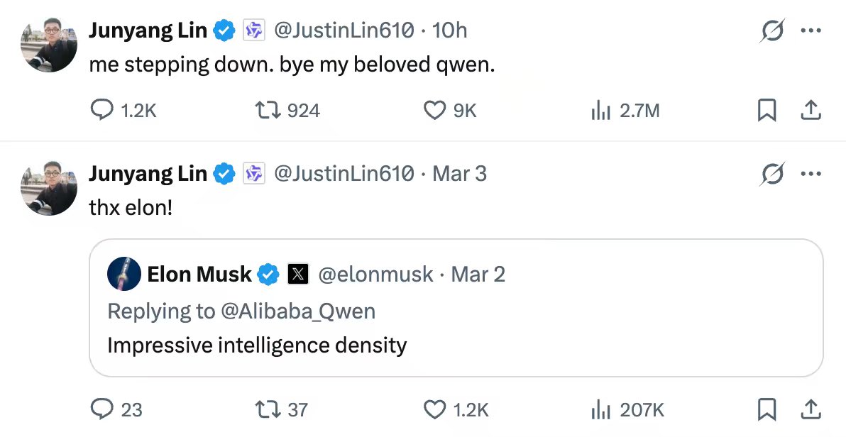 techtechchina's tweet image. 🚨 BREAKING: #Alibaba's #Qwen chief tech lead #JunyangLin announced he's stepping down from the project.

The announcement came just one day after Qwen unveiled four edge models that Musk publicly praised.

According to insiders, the departures stem from clashes between senior
