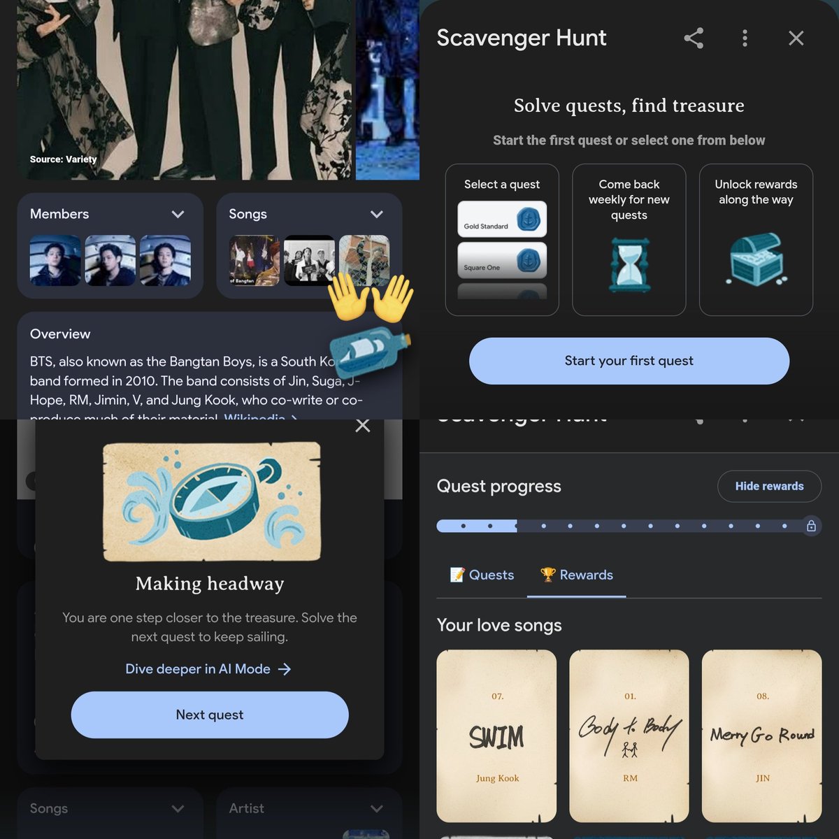 GOOGLE has launched Scavenger hunt for BTS Upcoming Album ARIRANG, When you search “BTS” you will find a bottle like this then click it , answer the questions &amp; get your reward. IT'S SO FUN !!

SWIM IS COMING
BTS IS COMING
ARIRANG IS COMING
BTS BTS BTS
#BTS_SWIM
#BTS_ARIRANG