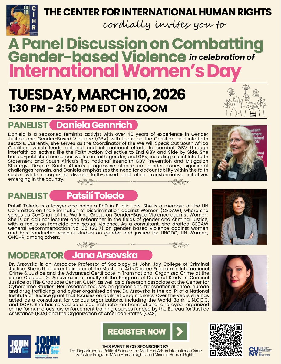 Please join us Tuesday, March 10th on Zoom for a panel discussion on Combatting Gender-based Violence in celebration of International Women’s Day Register here: jjay-cuny.zoom.us/meeting/regist…  #InternationalWomensDay #IWD2026