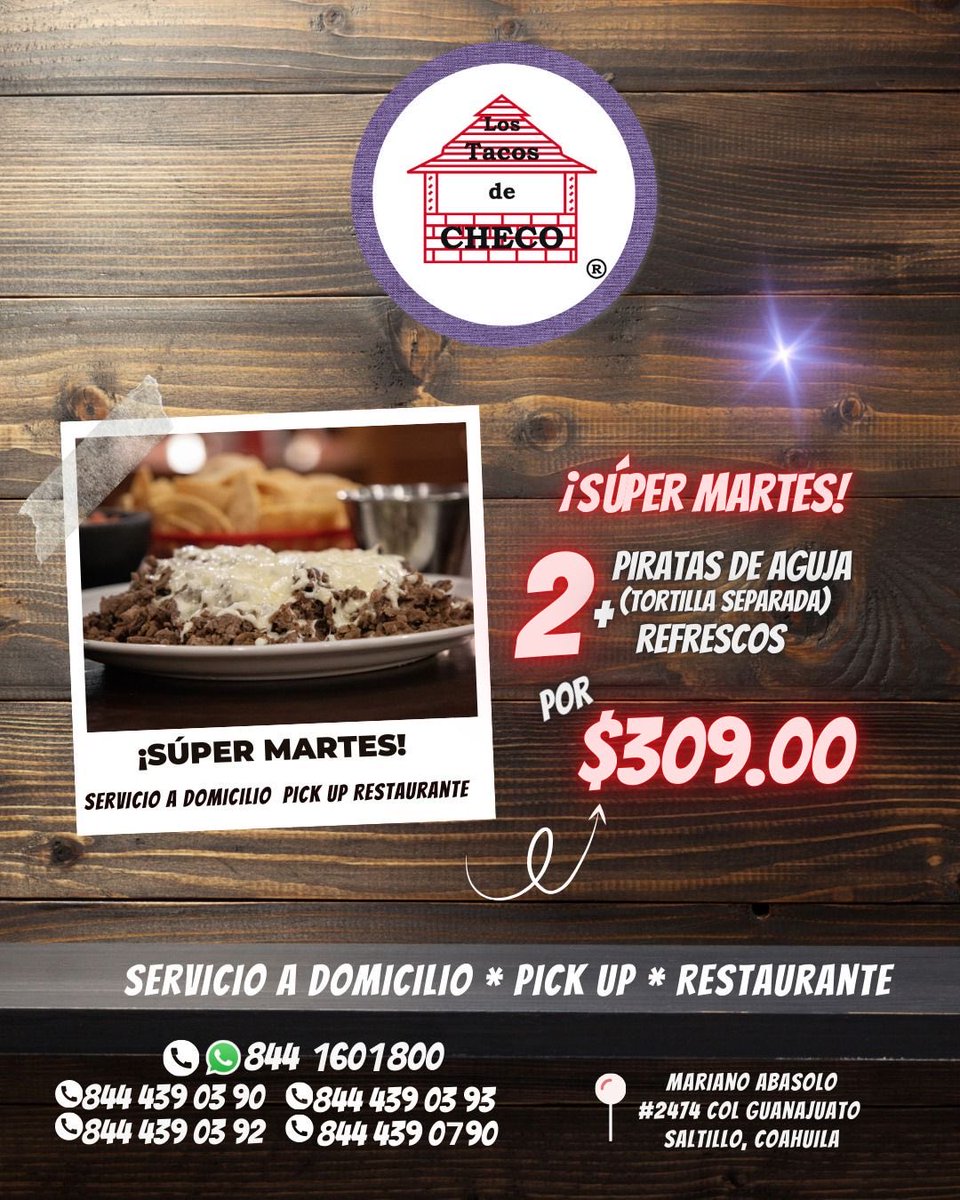 Hoy #FelizMartes, a partir de las 6:00 p.m. 🕕 pide tu promoción de #SúperMartes con 2 piratas de aguja y 2 refrescos a un súper precio. 🤩

WhatsApp 📲 8441601800 

Tenemos #ServicioADomicilio 🚕, #PickUP y #Restaurante. 🍽 

¡Les esperamos! 😋

#Saltillo