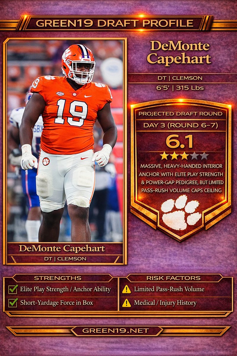 DeMonte Capehart 2026 Draft Profile: Massive, Heavy-Handed Interior Anchor with Elite Play Strength &amp; Power-Gap Pedigree, but Limited Pass-Rush Volume Caps Ceiling; Outlook as High-Floor Rotational Depth

#NFLDraft #Draft #NFL

green19.net/news/demonte-c…