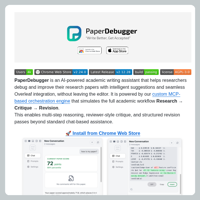 AI assistant for academic writing with Overleaf integration

github.com/PaperDebugger/…