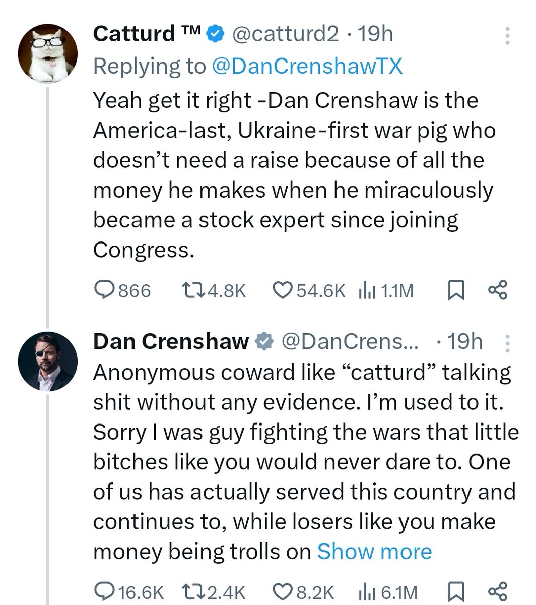 Hey Dan Crenshaw this post attacking patriotic Trump Supporters like <a href="/catturd2/">Catturd ™</a> is exactly why you lost your seat in Congress tonight!