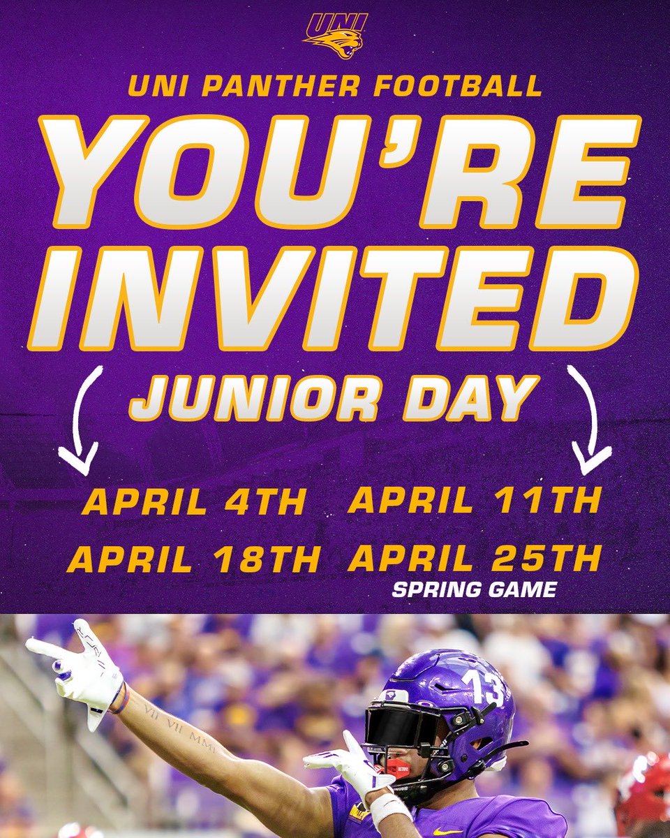Thanks <a href="/CoachHupke/">Sean Hupke</a> for the Junior day invite! Can’t wait to see what <a href="/UNIFootball/">UNI Football</a> is all about 
<a href="/Ken_Turner_/">Ken Turner</a>  <a href="/Tpolley29/">Tommy Polley</a> <a href="/EDGYTIM/">Timothy “EDGYTIM” OHalloran</a>  <a href="/AllenTrieu/">Allen Trieu</a> <a href="/PrepRedzoneIL/">Prep Redzone Illinois</a> <a href="/GSV_STL/">Gateway Sports Venue</a> 
<a href="/ecx2b/">Edwyn Brown™️</a>  <a href="/b42capell/">b capell</a>
