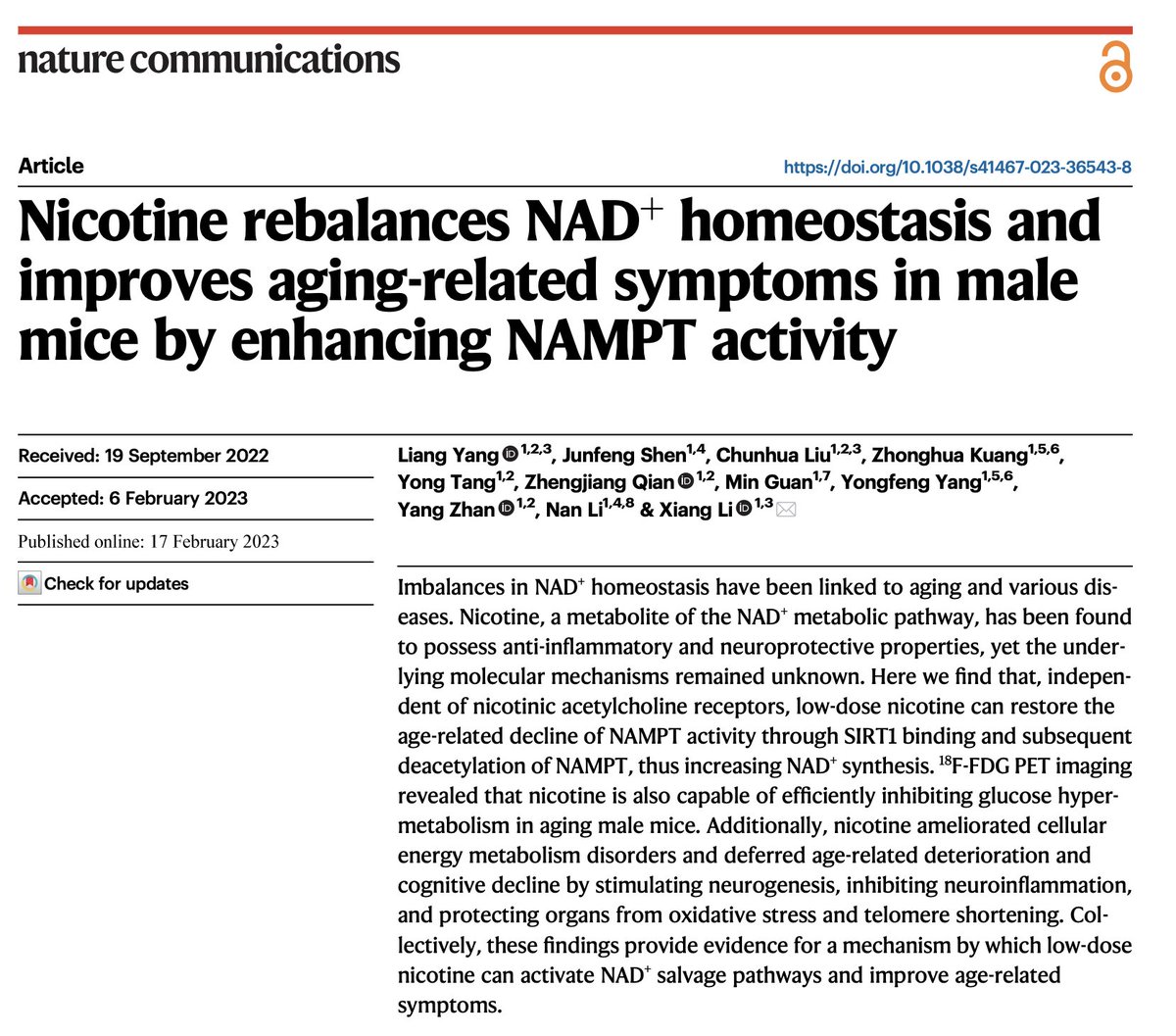 Nicotine reverses aging, improves metabolism in study.

A recent study showed that low dose nicotine in animals:

◇ Enhances mitochondrial function
◇ Increases NAD+ levels (which decline in aging)
◇ Upregulates SIRT1 (an "anti-aging" gene)

mimicking that of youth.