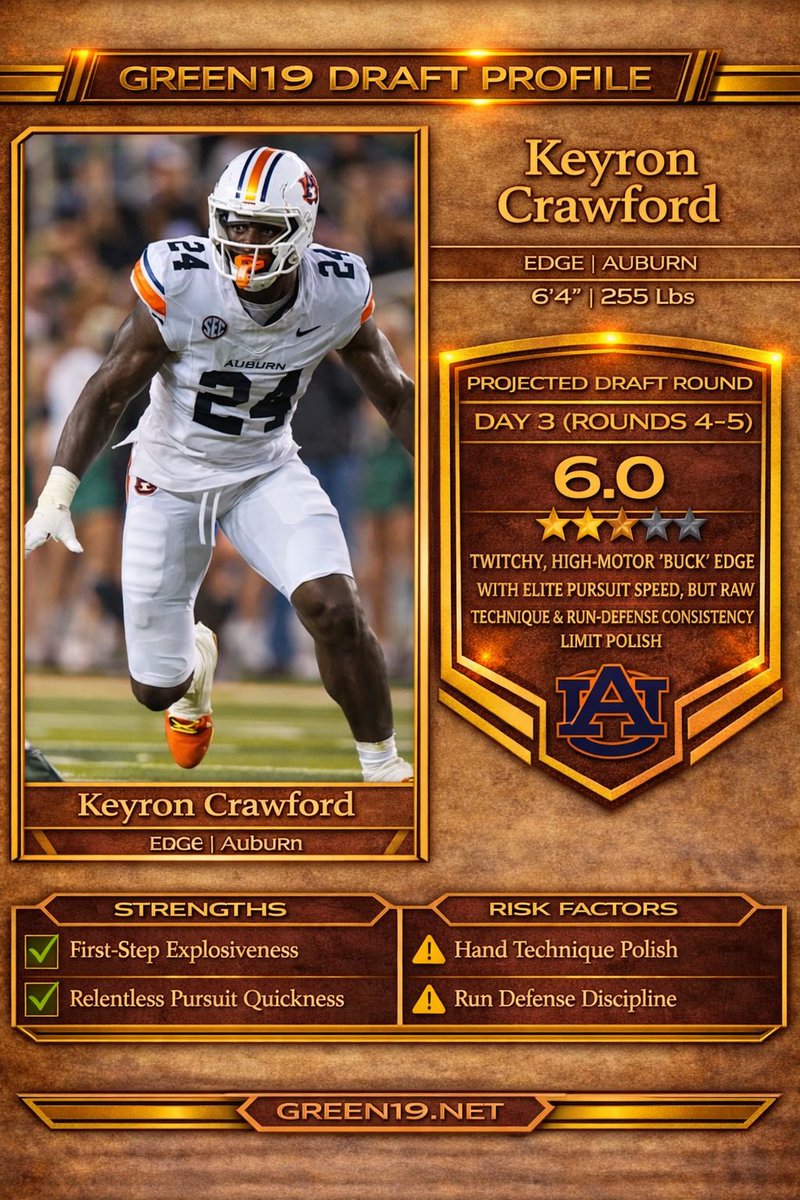 Keyron Crawford 2026 Draft Profile: Twitchy, High-Motor "Buck" Edge with Elite Pursuit Speed, but Raw Technique &amp; Run-Defense Consistency Limit Polish; Outlook as High-Upside Rotational Specialist

#NFLDraft #NFL #Draft

green19.net/news/keyron-cr…