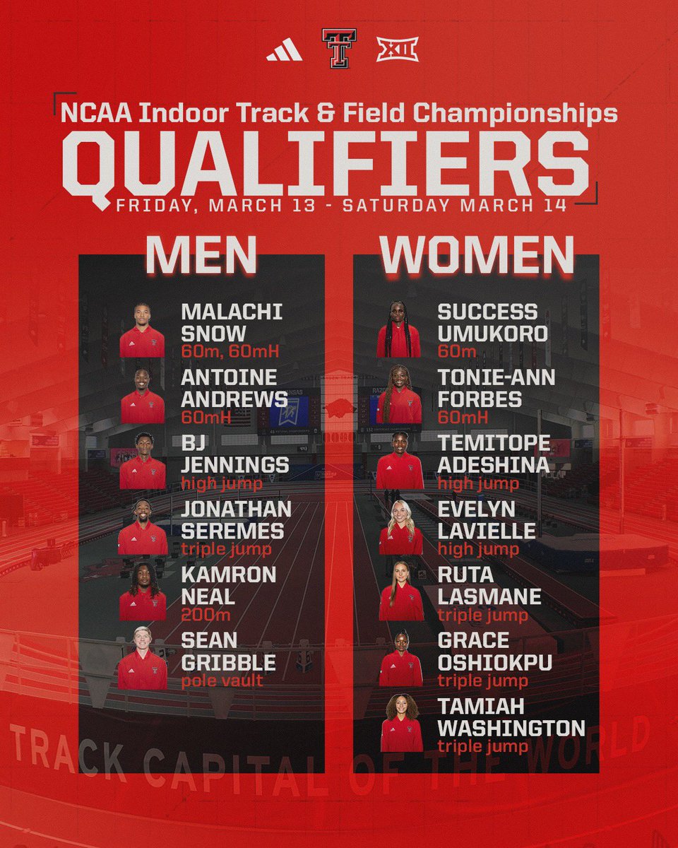 It’s official ✍️

Here’s our squad that will represent Texas Tech next weekend at the <a href="/NCAATrackField/">NCAA Track & Field</a> Indoor Championships 👏