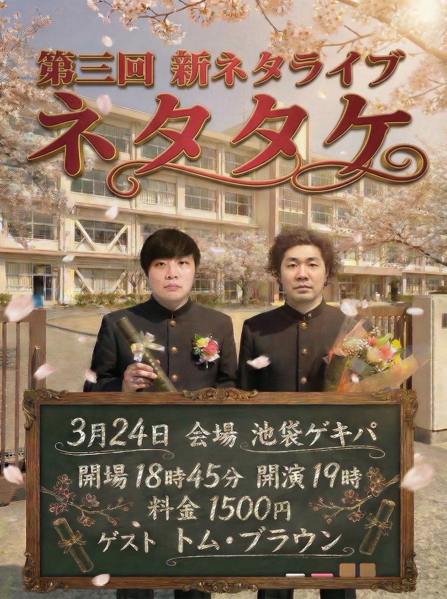 3月24日(火)のムラタケは、
第三回新ネタライブ『ネタタケ』です！！

今月2度目の新ネタライブのゲストは
同じ事務所でお世話になってるトム・ブラウンさんに来ていただきます！！

企画も用意してますので、
是非来てください！！

こちらから宜しくお願いします！↓
tiget.net/events/471971