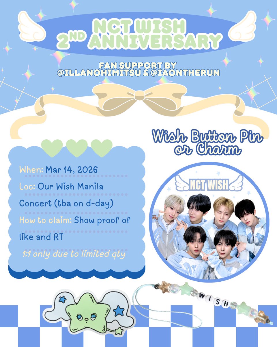 ꒰ঌ into the wish: our wish in manila ໒꒱

(1/3) NCT Wish 2nd Anniv fan support by <a href="/illanohimitsu/">illa ☆</a> &amp; <a href="/iaontherun/">DT</a>

໒꒱ rt &amp; like
໒꒱ strictly 1:1 only from all our fan supports
໒꒱ dm from trades (very limited)
໒꒱ see you all 😊

#OurWISH_MANILA 
#OURWISHinMANILA 
#NCTWISHinMANILA