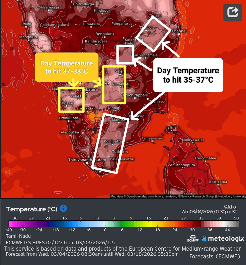 PIW44's tweet photo. ☀️4th March 2026: Summer is knocking! Interior districts of Tamilnadu and Kerala to see temperatures hit 38°C today.
#TamilNaduWeather #TNHeatwave #WeatherReport #Chennai #Madurai #Coimbatore #SummerAlert
#KeralaWeather #KeralaSummer #Trivandrum #Kochi
1/11 https://t.co/fUYsLjNdcO