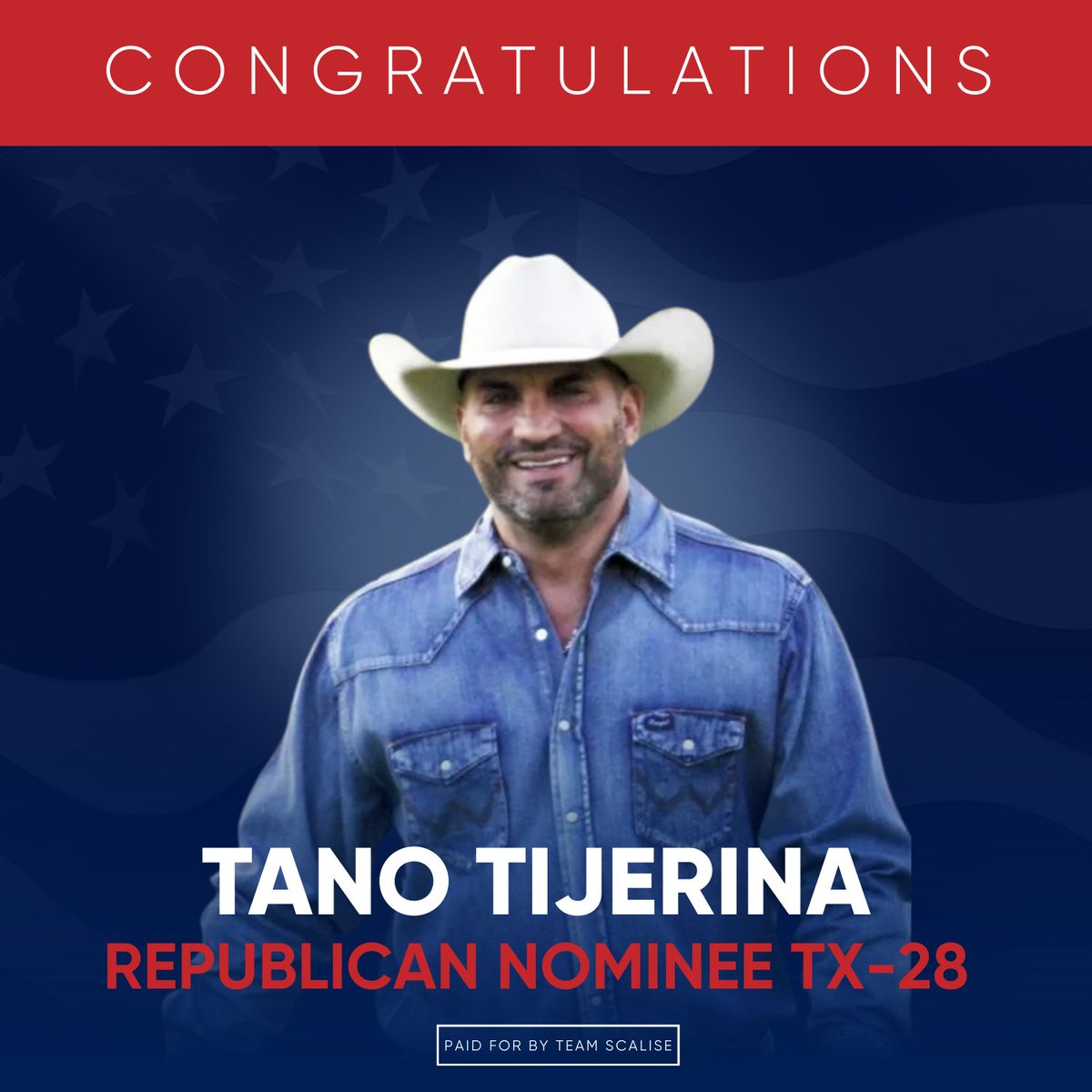 SteveScaliseGOP's tweet photo. Congratulations, @JudgeTano, for winning the #TX28 primary!

This seat is a top pick-up opportunity for Republicans and Tano is the candidate who can get it done.

Help Tano flip this seat red by donating to his campaign here: https://t.co/plQbnSHpXq https://t.co/h6fZ28Gqqm