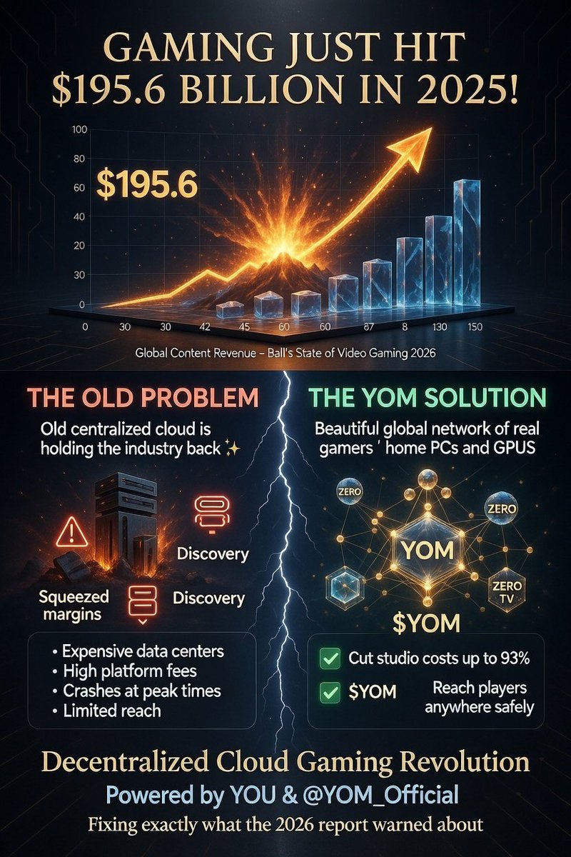 Haffeezah's tweet photo. 74th day on @YOM_Official
Gaming just smashed records: $195.6B revenue in 2025! 🎮💰
Players spending like crazy
But @ballmatthew’s 2026 report shows margins squeezed, discovery brutal, growth locked with big players.
Real issue? Old structure holding it back.
#GamingBoom #DePIN https://t.co/0y3XpwqzDi