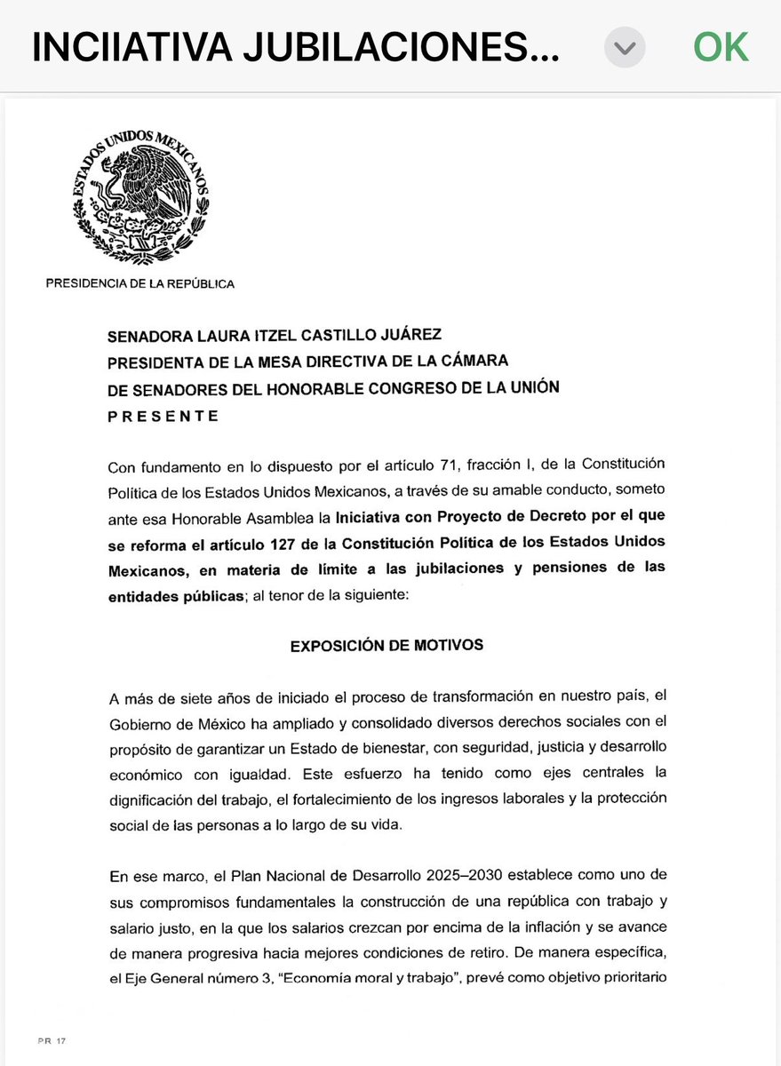 JavierHH75's tweet photo. Hoy la Presidenta de México envió al @senadomexicano la iniciativa de reforma constitucional para poner límite a jubilaciones y pensiones financiadas con recursos públicos, mediante la reforma al artículo 127 de la Constitución.  

El principio es claro: no puede haber privilegios financiados con el dinero de todas y todos.

Avanzar hacia un Estado humanista y de bienestar también implica garantizar pensiones dignas, pero con justicia, responsabilidad y sostenibilidad para las finanzas públicas.

#ReformaConstitucional
#Pensiones
#AusteridadRepublicana
#Bienestar