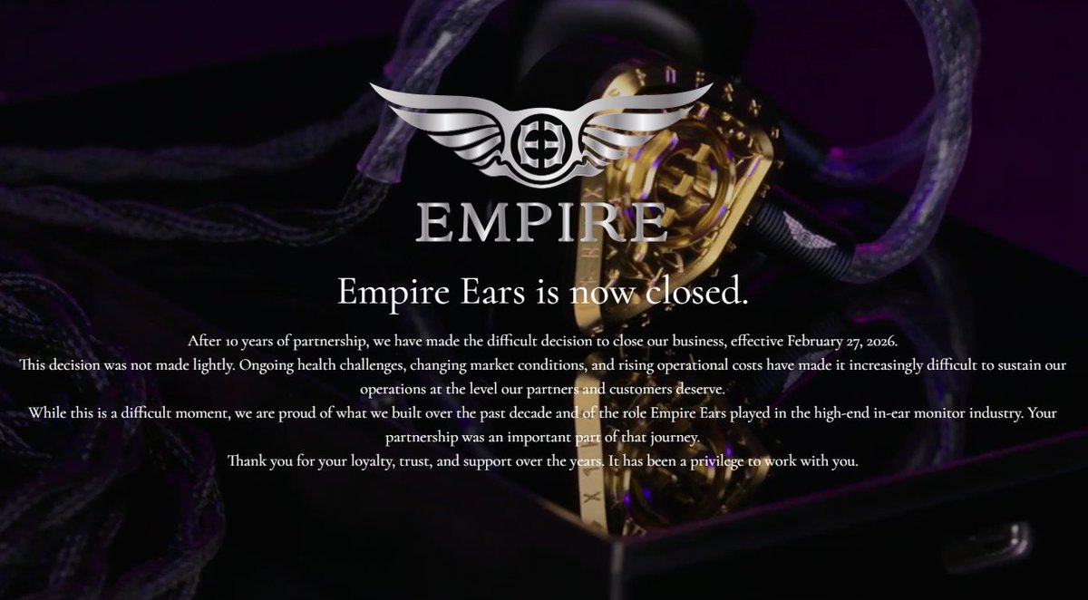 MimiAudioX's tweet photo. Empire Ears、事業終了を正式発表 公式サイトで告知
| mimiオーディオ | 音響機器に関する新製品の速報から徹底的な製品レビューまでをお届け
https://t.co/l6GSHPb0jk
#EmpireEars https://t.co/msnA5ycE6T