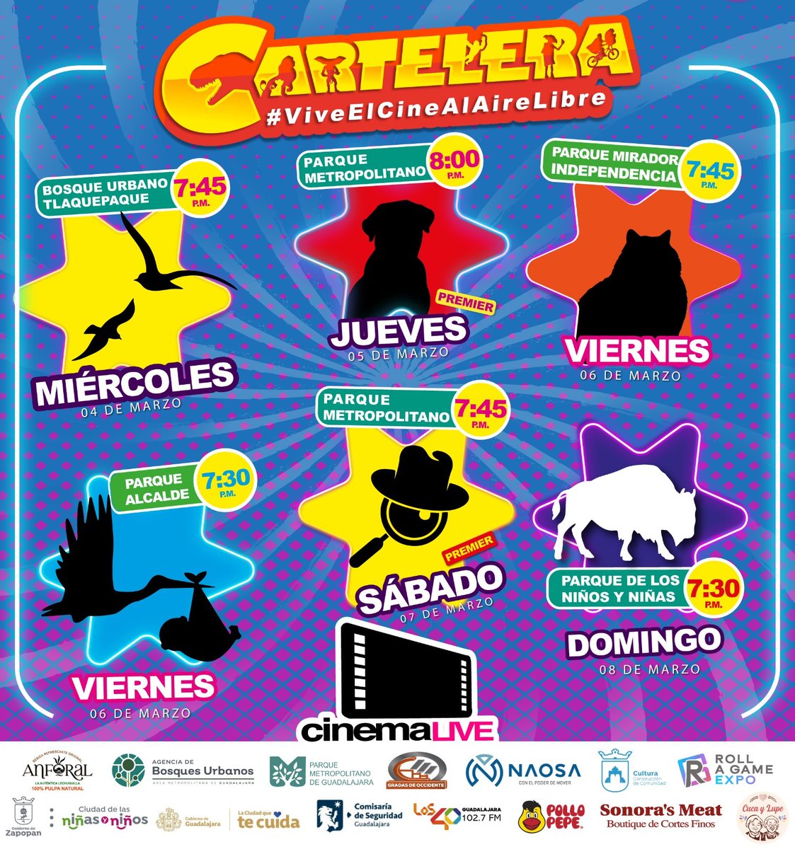 YA TENEMOS CARTELERA SEMANAL Y ESTA ESPECTACULAR 📽️🍿🎬 
VEN Y VIVE EL CINE AL AIRE LIBRE EN  NUESTRAS  ICONICAS Y NATURALES SEDES. TE ESPERAMOS EN FAMILIA, AMIGOS O TU PERSONA FAVORITA.